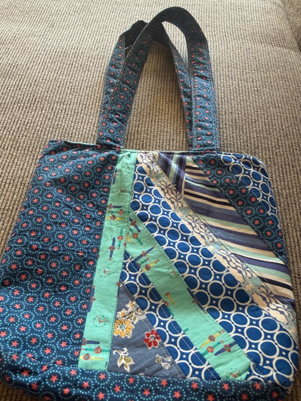 Handmade Quilted Patchwork Tote Bag Abstract Inside Organize Pockets Church Boho